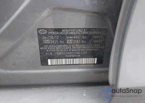 2012 Hyundai Sonata Se 2.0T z USA, uszkodzony, nr VIN 5NPEC4AB1CH463292